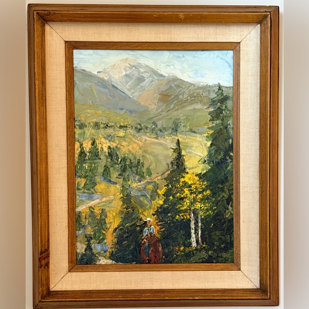 Original oil painting LANDSCAPE mountains cowboy horse trail ride signed framed